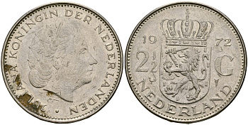 Нидерланды 2 1/2 гульдена 1972 Юлиана (1948-1980) KM 191 никель 4162-741