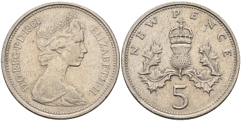 Великобритания 5 пенсов 1968 Елизавета II (1952-2022) KM 911, Spink 4233 (D1) медно-никель 4586-924
