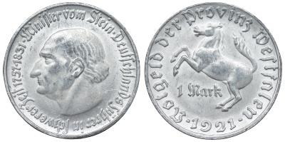 Германия, Вестфалия 1 марка 1921 северный Рейн-Вестфалия, нотгельд, Штейн J. N10 алюминий 4123-111