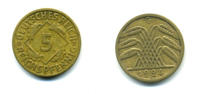 ГЕРМАНИЯ 5 РЕЙХСПФЕННИГОВ 1924 G, KM 39, J. 316 алюминиевая бронза 46-2156