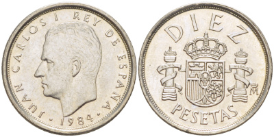 ИСПАНИЯ 10 ПЕСЕТ 1984 ХУАН КАРЛОС I ( 1975-) KM 827 медно-никель XF4181-1041