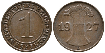 ГЕРМАНИЯ 1 РЕЙХСПФЕННИГ 1927 D KM 37, J. 313 бронза 39-937