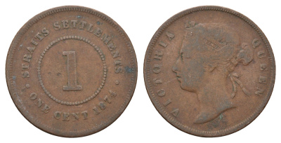 Стрейтс-Сетлментс (Стрейтс Сетлментс) 1 цент 1874 KM 9 медь 51-1046