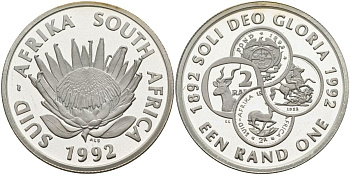 ЮАР 1 ранд 1992 100 лет монетам ЮАР (1892-1992) KM 143 серебро PROOF 1096-1-73
