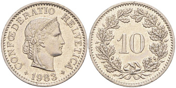 ШВЕЙЦАРИЯ 10 РАППЕНОВ 1983 KM 27 медно-никель 55-524