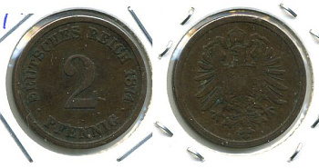 ГЕРМАНИЯ 2 ПФЕННИГА 1874 A, СТАРОГЕРБОВКА KM 2, J.2 медь 701-411