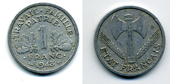 ФРАНЦИЯ 1 ФРАНК 1943 LB, ТИП LEGERE, ПРАВИТЕЛЬСТВО ВИШИ KM 902.1, LE FRANC 223.3 алюминий 37-1013
