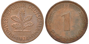 ФРГ 1 пфенниг 1974 D KM 105, J.380 сталь плакированная медью 4174-445