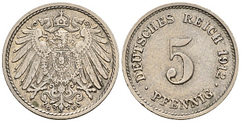 Германия 5 пфеннигов 1912 G, KM 11, J. 12 медно-никель 220-629