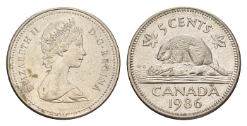 Канада 5 центов 1986 Елизавета II (1952-2022), бобр KM 60.2a медно-никель 4630-735