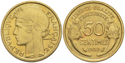ФРАНЦИЯ 50 САНТИМОВ 1939 ТИП MORLON KM 894.1, LE FRANC 192.15 алюминиевая бронза 44-869