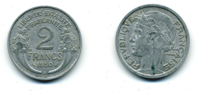Франция 2 франка 1950 В KM 886а.2, Le Franc 269.17 алюминий 84-625