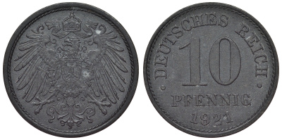 Германия 10 пфеннигов 1921 KM 26, J. 299, Weege 8 цинк 4119-357
