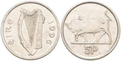 Ирландия 5 пенсов 1996 бык KM 28 медно-никель 188-124