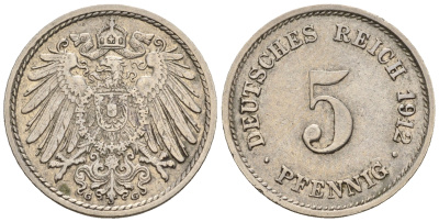 Германия 5 пфеннигов 1912 G, KM 11, J. 12 медно-никель 220-629