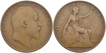 Великобритания 1 пенни 1907 Эдуард VII (1901-1910) KM 794.2, Spink 3990 бронза 4394-1125