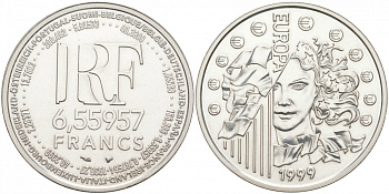Франция 1 евро = 6,55957 франков 1999 страны Евросоюза, введение евро, курс франка к евро KM 1254 серебро UNC 1087-7-65