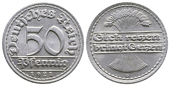 ГЕРМАНИЯ 50 ПФЕННИГОВ 1921 D KM 27, J. 301 алюминий 4380-842