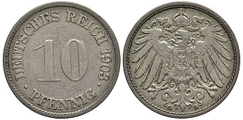 ГЕРМАНИЯ 10 ПФЕННИГОВ 1903 G KM 12, Jager 13, Weege 8 медно-никель 219-412
