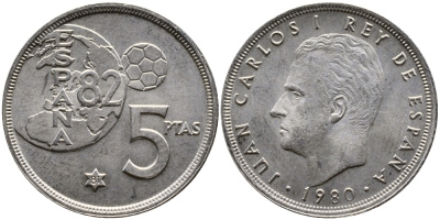 Испания 5 песет 1981 (80), Хуан Карлос, чемпионат мира по футболу Испания 82 KM 817 медно-никель 4384-1151