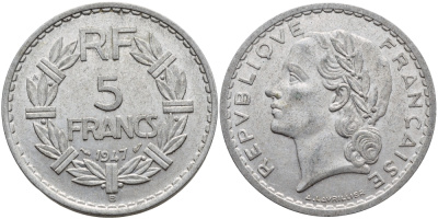Франция 5 франков 1947 B, открытая 9, тип Лаврийе KM 888b.2, Le Franc 339.11 алюминий UNC 4526-513