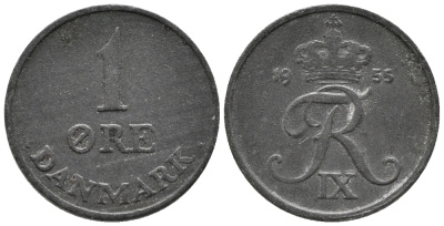 ДАНИЯ 1 ЭРЕ 1955 N; S, ФРЕДЕРИК IX (1947-1972) KM 839.1 цинк 66-161