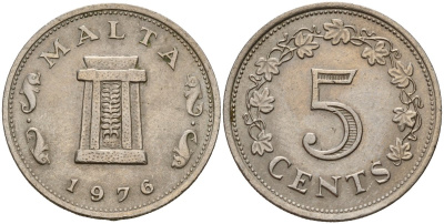 Мальта 5 центов 1976 Ритуальный алтарь в храме Хаджар-Ким KM 10 медно-никель 4156-222