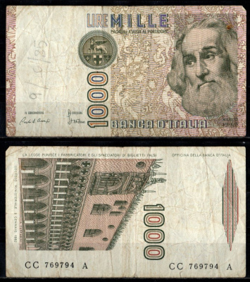 Италия 1000 лир 1982 Pick 109 a бумага 6262-38-1-2