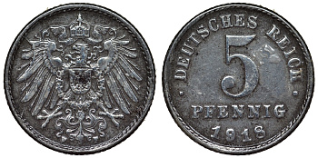 Германия 5 пфеннигов 1918 F KM 19, J. 297, Weege 5 железо 4118-1056