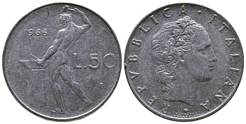 Италия 50 лир 1966 R, бог огня Вулкан у наковальни KM 95.1 нержавеющая сталь 85-114