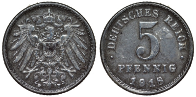 Германия 5 пфеннигов 1918 F KM 19, J. 297, Weege 5 железо 4118-1056