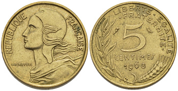 ФРАНЦИЯ 5 САНТИМОВ 1968 ТИП MARIANNE KM 933, LE FRANC 125.4 алюминиевая бронза 66-438