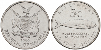 Намибия 5 центов 2000 FAO, рыба KM 16 нержавеющая сталь UNC M24-09