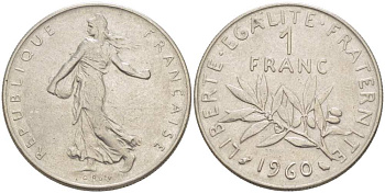 ФРАНЦИЯ 1 ФРАНК 1960 СЕЯТЕЛЬ KM 925.1, LE FRANC 226.4 никель 217-1122