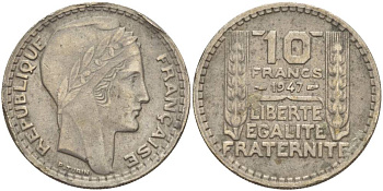 ФРАНЦИЯ 10 ФРАНКОВ 1947 TURIN, PETITE TETE, МАЛАЯ ГОЛОВА KM 909.1 медно-никель KM 909.1 медно-никель 4545-925