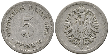 ГЕРМАНИЯ 5 ПФЕННИГОВ 1875 J, СТАРОГЕРБОВКА KM 3, J. 3 медно-никель 39-345