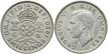 Великобритания 2 шиллинга (флорин) 1950 Георг VI (1936-1952) KM 878, Spink 4107 медно-никель 4394-1043