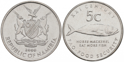 Намибия 5 центов 2000 FAO, рыба KM 16 нержавеющая сталь UNC M24-09