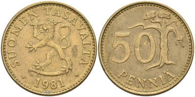 ФИНЛЯНДИЯ 50 ПЕННИ 1981 K KM 48 алюминиевая бронза 4563-437