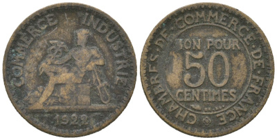 Франция 50 сантимов 1922 тип Chambre de Commerce KM 884, Le Franc 191.5 алюминиевая бронза 4615-649