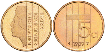 Нидерланды 5 центов 1989 Беатрикс (1980-2013) KM 202 бронза UNC 4116-245