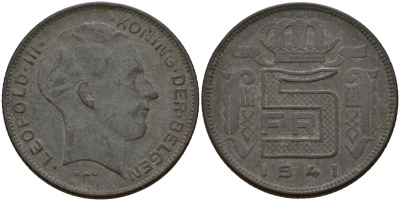 Бельгия 5 франков 1941 DES BELGEN, Леопольд III (1934-1947) KM 129 цинк 4161-932
