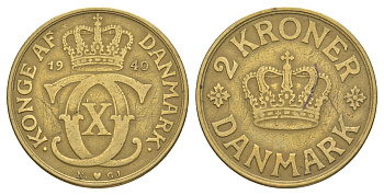 Дания 2 кроны 1940 N, Кристиан X (1912-1947) KM 825 алюминиевая бронза 4634-524