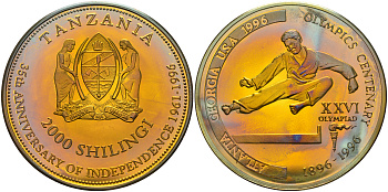 Танзания 2000 шиллингов 1996 XXVI Олимпийские игры 1996 года в Атланте, 100 лет Олимпийскому движению, карате, пробник латунь PROOF 06-133-12