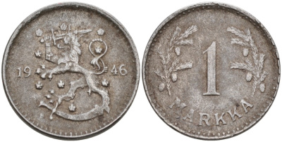 ФИНЛЯНДИЯ 1 МАРКА 1946 S KM 30b железо 4563-654