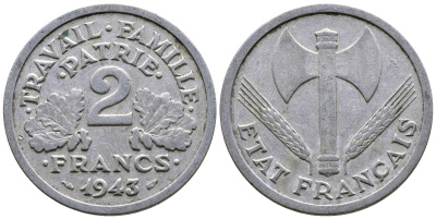 Франция 2 франка 1943 правительство Виши KM 904.1 алюминий 4384-1015