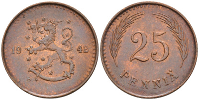 Финляндия 25 пенни 1942 республика (1918-1962) KM 25а медь 4588-1058