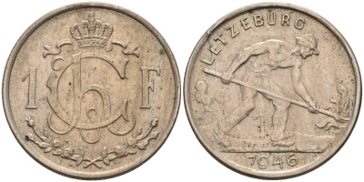 Люксембург 1 франк 1946 Шарлотта (1918-1964), сталевар KM 46.1 медно-никель 4116-1043