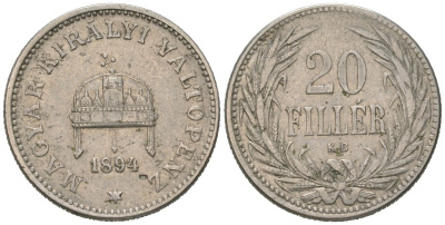 Венгрия 20 филлеров 1894 KB, Франц Иосиф I (1848-1916) KM 483 никель 4147-654