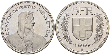 Швейцария 5 франков 1997 B, наборная KM 40a медно-никель UNC 4517-333